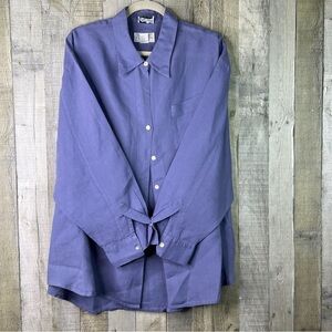 Saks Fifth Avenue Folio Collection Size 22 100% Linen Blue Button Long Sleeve